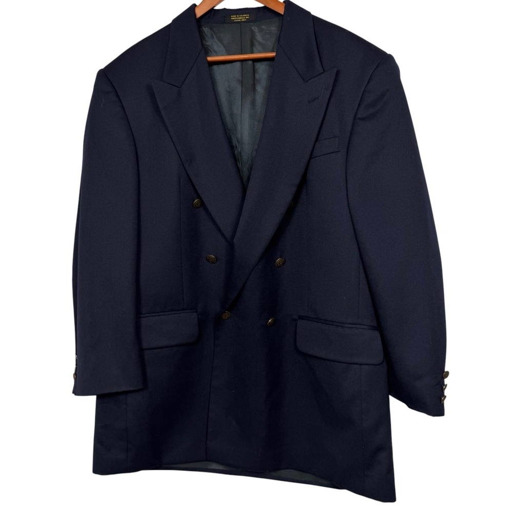 Oscar de la Renta Mens‎ Navy Blue Double Breasted Wool Blazer Sport Coat 44L